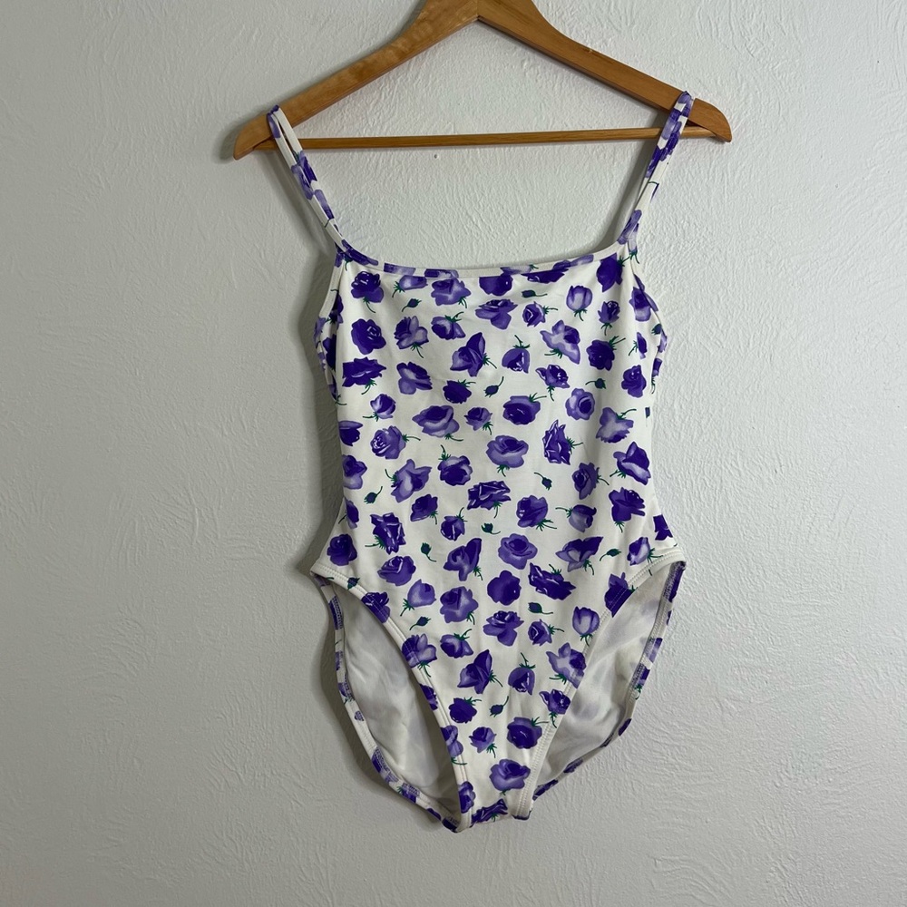 Vintage Anne Cole Floral One Piece Swimsuit White Purple Spaghetti Strap Size M